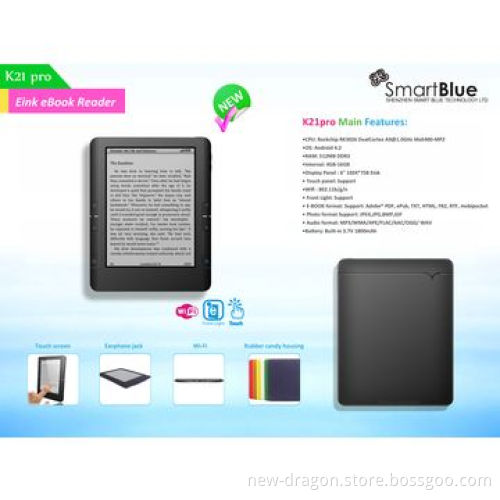 Mass production 6-inch multifunction e-ink E-book with touch, WiFi, front light, RK3026, 1,024*768p